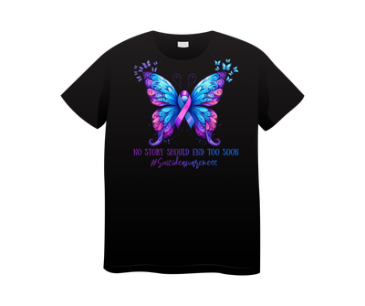 No story should end too soon butterfly Teal and Purple suicide awareness Short or long sleeve shirt. mental health, teal purple ribbon, semicolon, prevent suicide