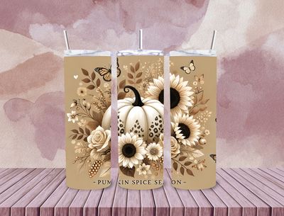 Tan cream pumpkin butterfly fall leaves pumpkin spice season  20 oz stainless steel tumbler with straw