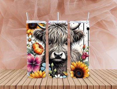 Black highland cow colorful pumpkin and flowers 20 oz stainless steel tumbler with straw