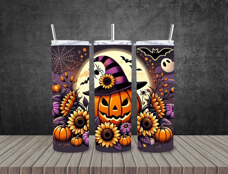 Pumpkin sunflowers  with Purple and black designs 20 oz stainless steel tumbler with straw