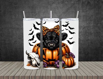 Black cow in pumpkin bats flying scene   20 oz stainless steel tumbler with straw