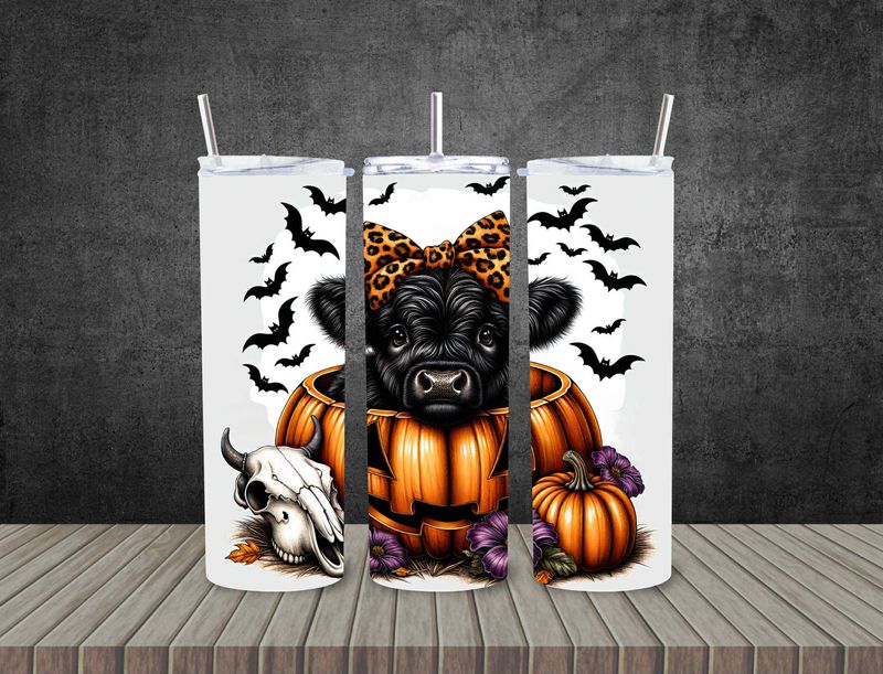 Black cow in pumpkin bats flying scene   20 oz stainless steel tumbler with straw