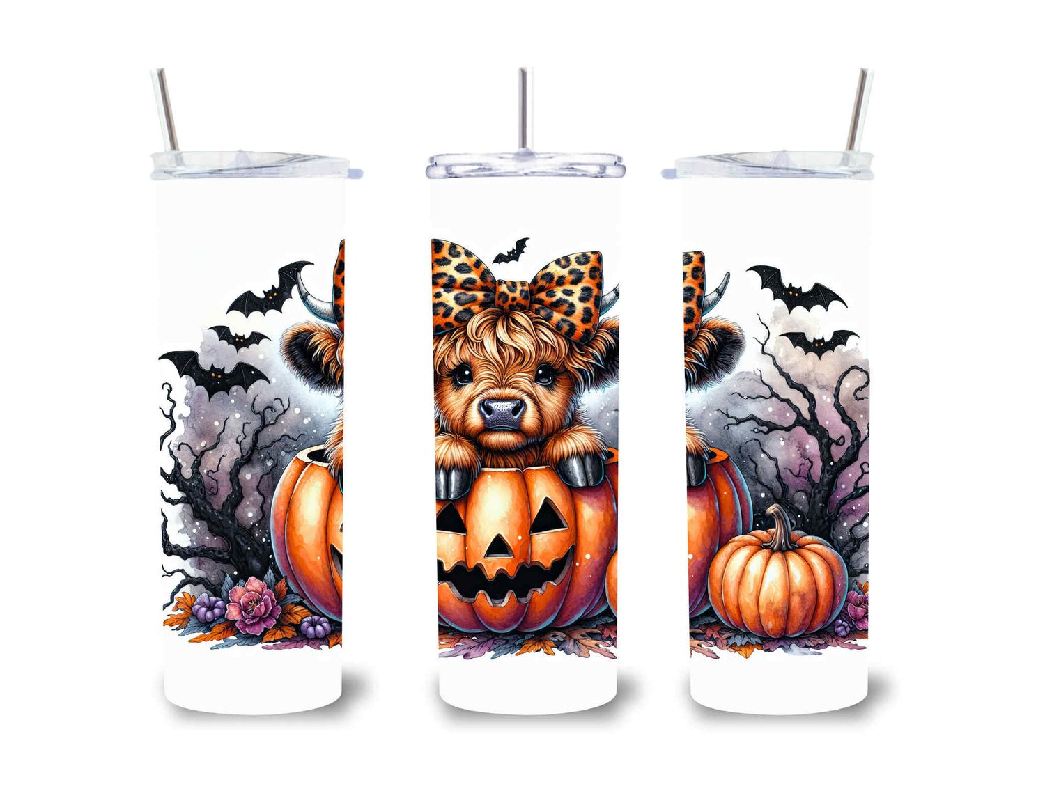 Brown highland cow with leopard bow Jack-o’-lantern and bats 20 oz stainless steel tumbler with straw
