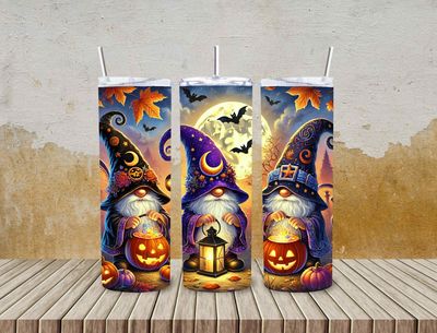 Gnome Halloween Scene Lanterns Pumpkins Bats 20 Oz Stainless Steel Tumbler