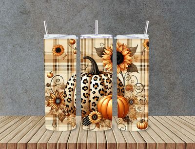 Pumpkins tan leopard plaid rustic scene  20 oz stainless steel tumbler with straw