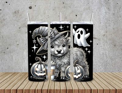 Black and white highland cow scene  with Jack-o’-lantern and ghosts 20 oz stainless steel tumbler with straw