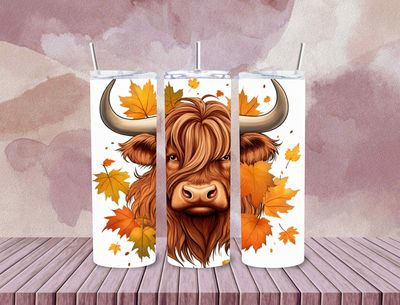 Brown highland cow with fall leaves background 20 oz stainless steel tumbler with straw