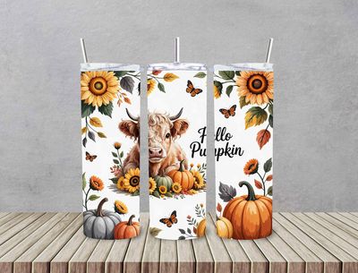 Cream highland cow hello pumpkin with fall leaves sunflower background 20 oz stainless steel tumbler with straw