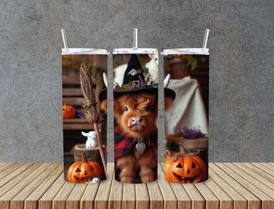 Black highland cow witch hat broom jack-o’-lantern 20 oz stainless steel tumbler with straw