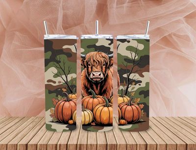 Brown highland cow with camouflaged background 20 oz stainless steel tumbler with straw