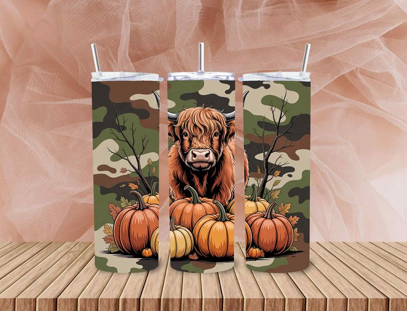 Brown highland cow with camouflaged background 20 oz stainless steel tumbler with straw