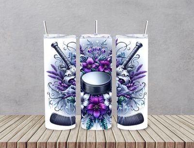 Hockey puck with sticks purple floral 20 oz 2 in 1 sports tumbler.