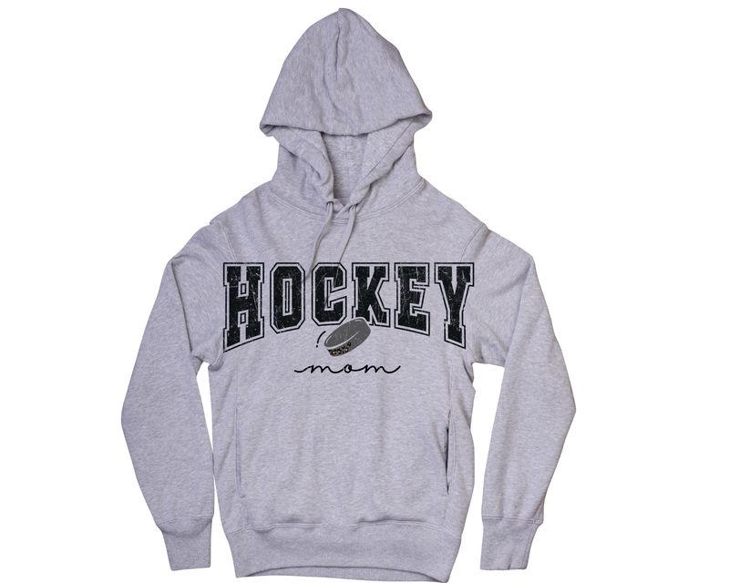 Hockey mom in black lettering hockey crew neck or hoodie