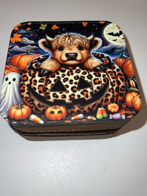Highland cow leopard pumpkin travel Jewelry box