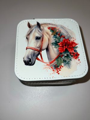 White horse poinsettia floral harness leather travel Jewelry box