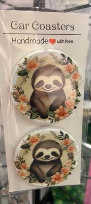 Sloth Peach Floral Background Ceramic Car Coasters Set Of 2