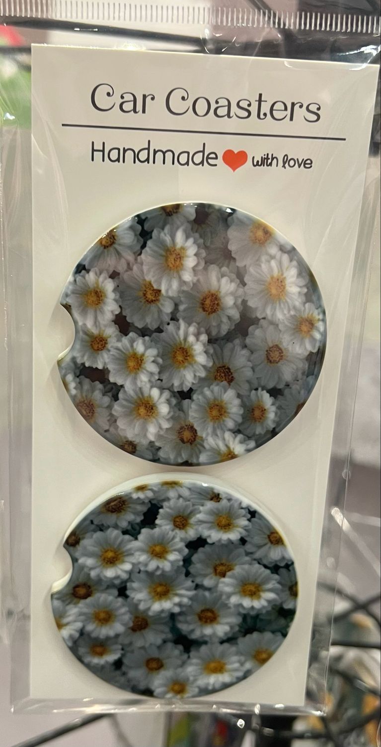 White daisy Ceramic Car Coasters Set Of 2