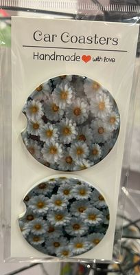 White daisy Ceramic Car Coasters Set Of 2