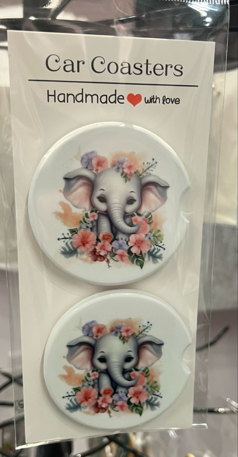 Elephant Pink Floral Car Coaster Set Of 2 Ceramic