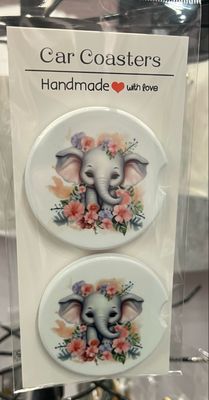 Elephant Pink Floral Car Coaster Set Of 2 Ceramic