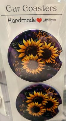 Sunflower Purple Floral Ceramic Car Coasters Set Of 2