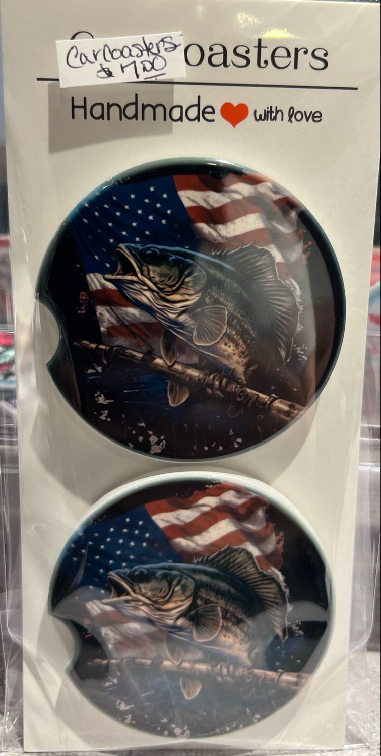 Fishing American Flag Car Coaster Set Of 2