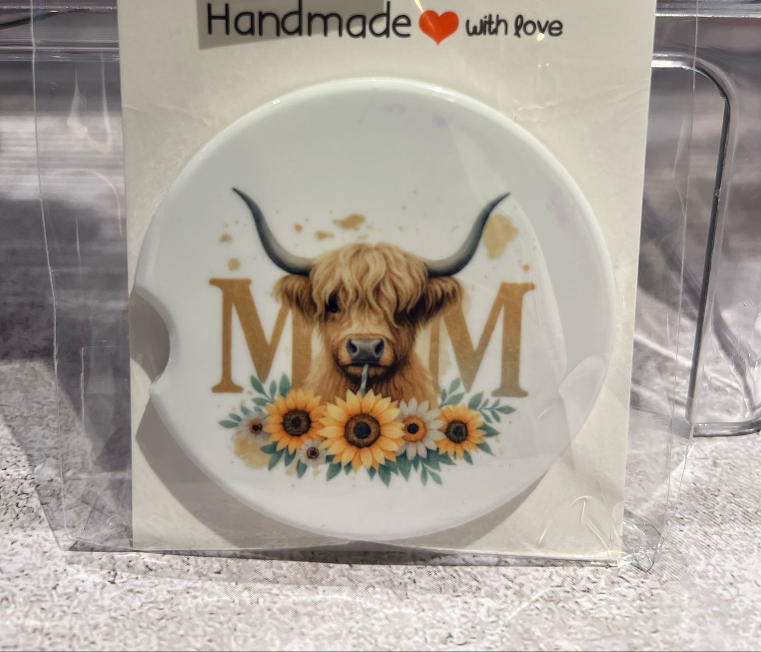 Highland Cow Mom Sunflower Car Coaster