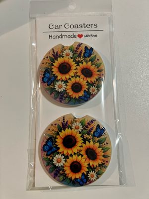Sunflower With Blue Butterflies Ceramic Car Coasters Fall Season