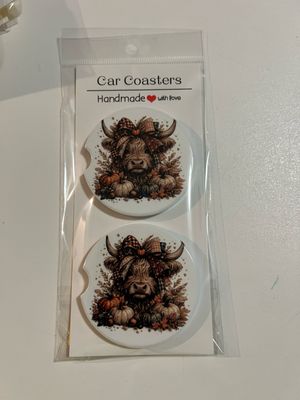 Highland Cow Ceramic Car Coasters Fall Setting Boho Style