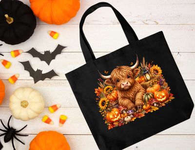 Highland Cow Halloween Setting Black Reusable Canvas Bag With Zipper