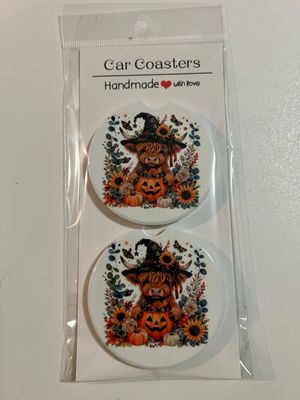 Highland Cow Halloween Car Coasters