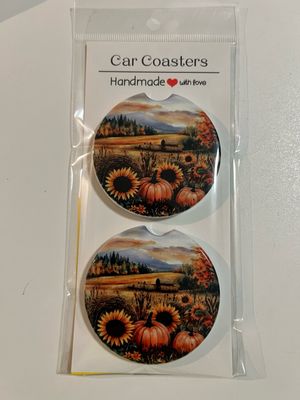 Pumpkin Farm Scene Ceramic Car Coasters Fall Setting