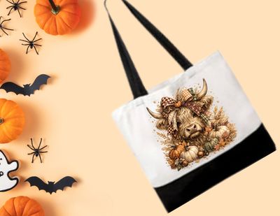 Highland Cow Fall Canvas White And Black Reusable Tote Bag