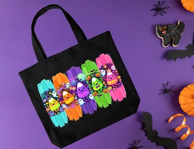 Paint Splash Candy Pumpkin Halloween Trick Or Treat Canvas Tote Bag Zippered Top