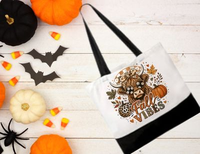 Highland Cow Fall Vibes Canvas Reusable Tote Bag