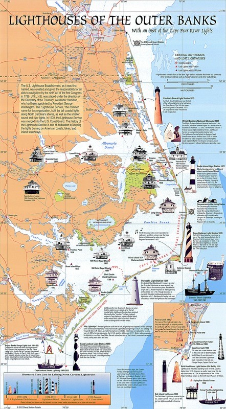 Lighthouses of the Outer Banks &amp; Cape Fear Poster - map