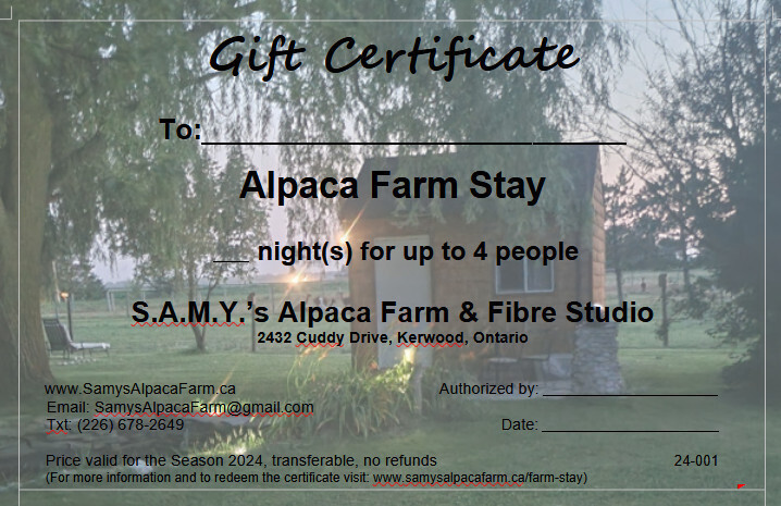 Gift Certificate for Alpaca Farm Stay (Sleepover)