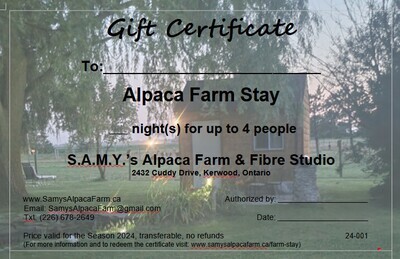 Gift Certificate for Alpaca Farm Stay (Sleepover)