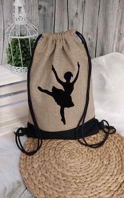 Turnbeutel (Farbbeispiel sand), Aufdruck Ballerina, Sporttasche aus Polstercanvas in 36 Farben