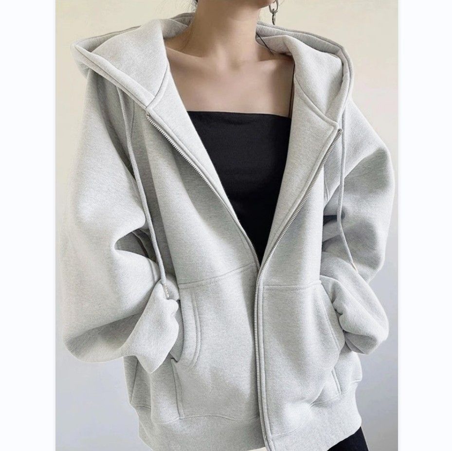 Women&#39;s Cotton Hooded Sweater Spring And Autumn New High Street Loose Simple Ins Fleece-lined Thick Cardigan Zipper Coat For Women