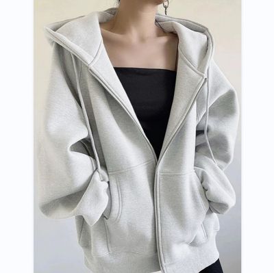 Women&#39;s Cotton Hooded Sweater Spring And Autumn New High Street Loose Simple Ins Fleece-lined Thick Cardigan Zipper Coat For Women