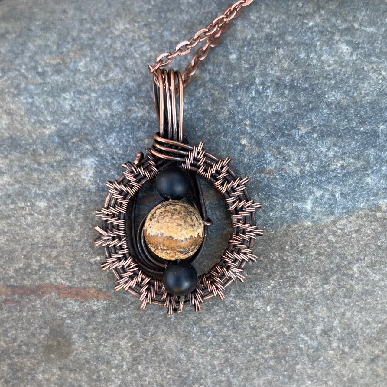 Celestial Copper Woven Wire Pendant With Jasper and Black Onyx