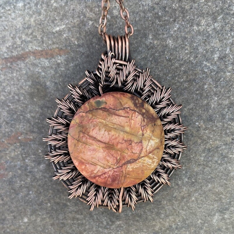 Desert Sun Jasper in Woven Copper Wire Pendant