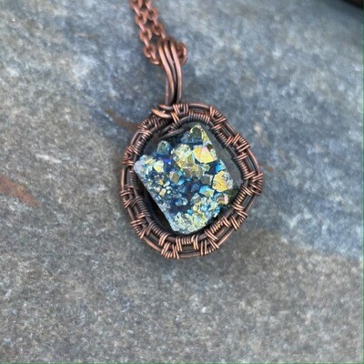 Blue Druzy in Copper Woven Wire Pendant