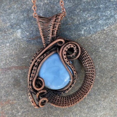 Blue Owyhee Opal in Woven Wire Pendant