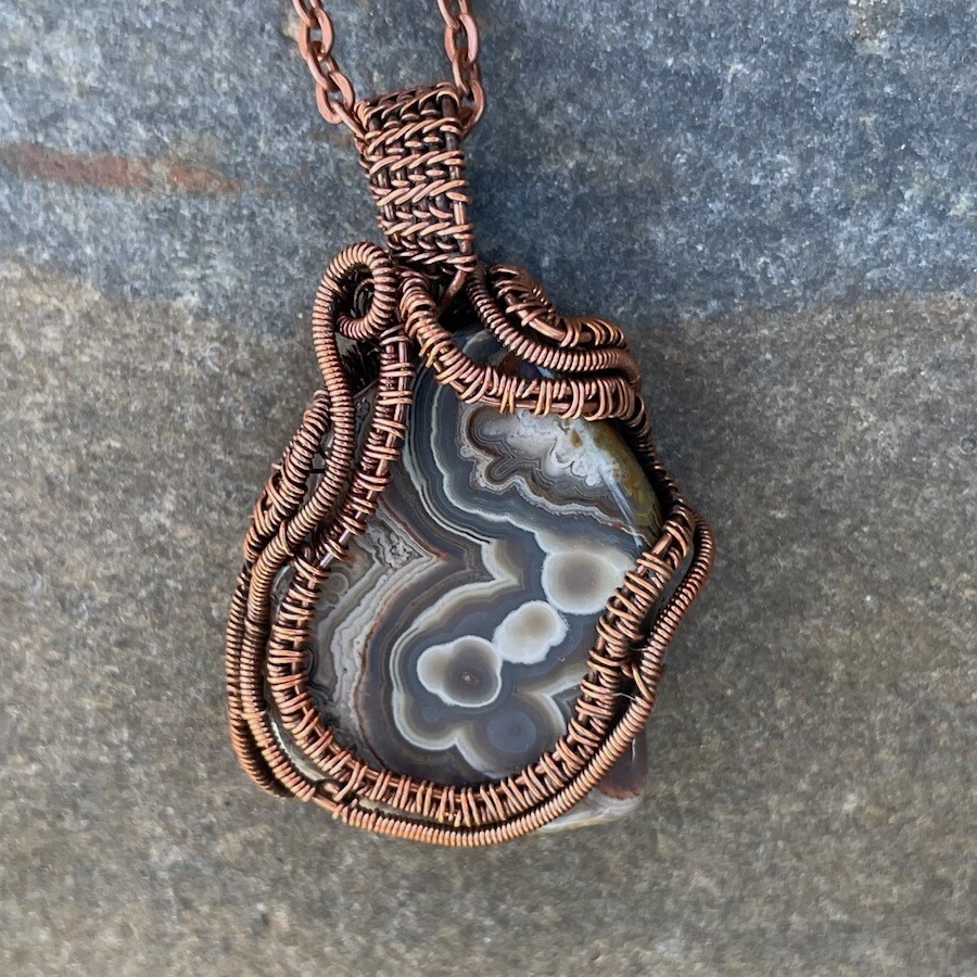 Crazy Lace Agate in Woven Wire Pendant