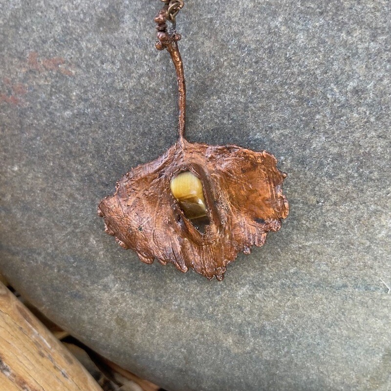 Copper Leaf Pendant with Tiger Eye Stone