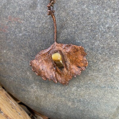 Copper Leaf Pendant with Tiger Eye Stone