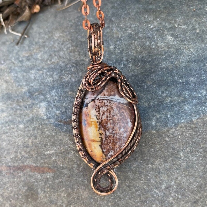 Picture Jasper in Copper Wire Weave Pendant