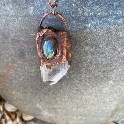 Large Quartz Crystal Labradorite Copper Pendant